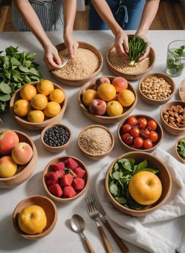 a green working space with laptop, notes, plants, computer
